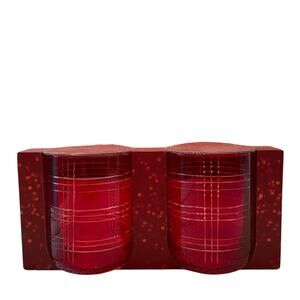 2pc RED PLAID Double Old Fashioned Cocktail Glasses Chic Holiday Barware NEW